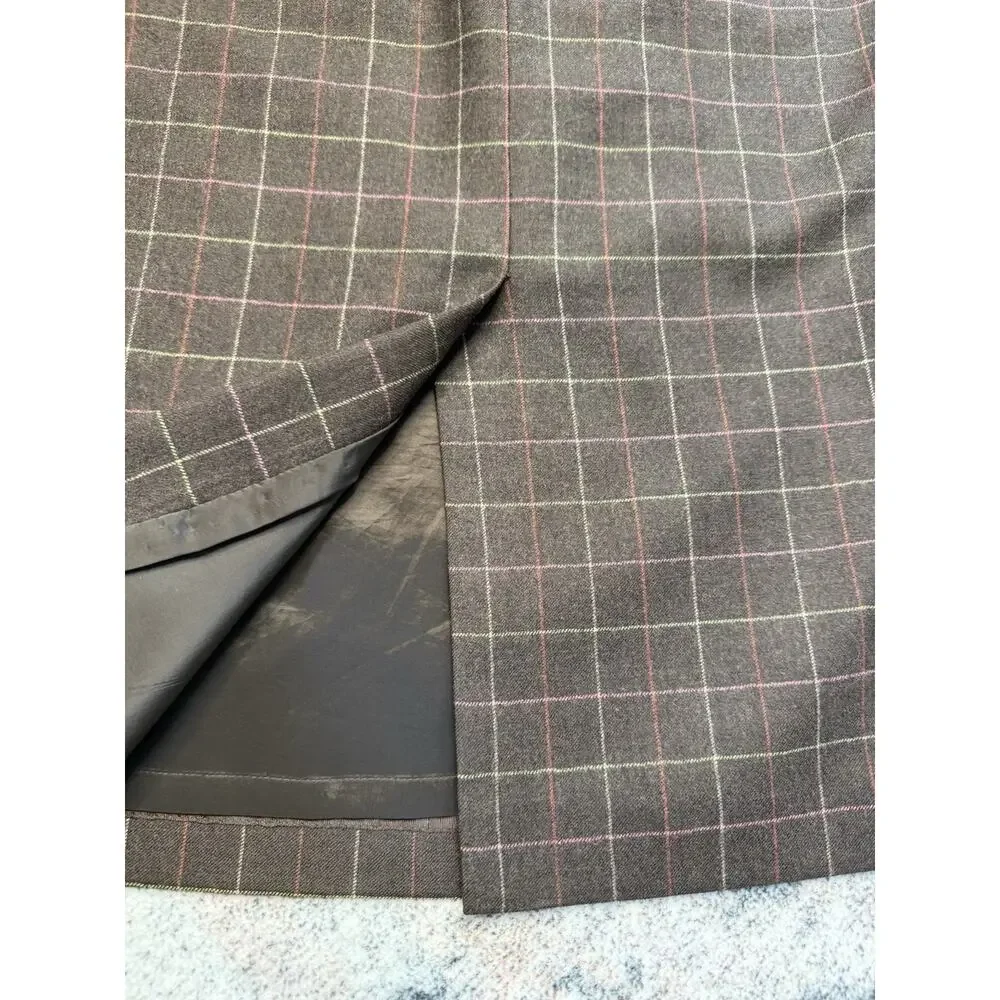 TALBOTS Wool Stretch Pencil Skirt Lined Slit Windowpane Check Brown